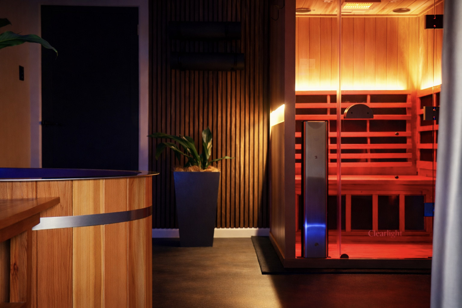 Infrared sauna with colour lighting and cedar cold plunge